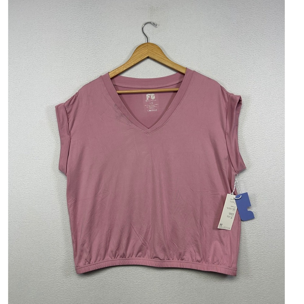 Athleisure Fit Collective Women Large Pink V-Neck Elastic Hem Top WX56484-500-CL